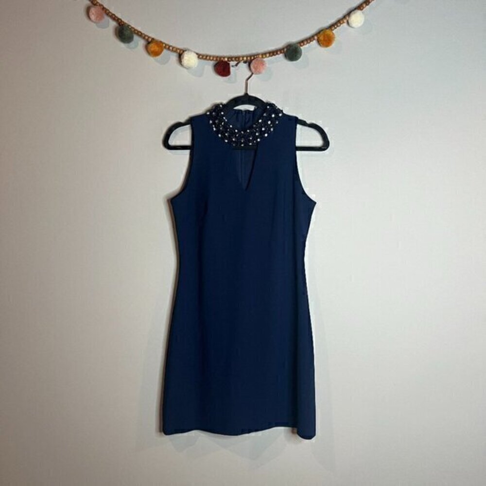 🔆 Taylor navy blue embellished high neck shift dress